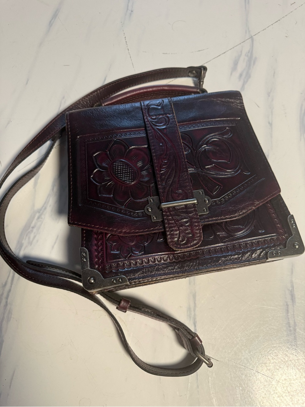Patricia Nash Hand-Tooled Floral Leather Crossbody Bag in Deep Burgundy
